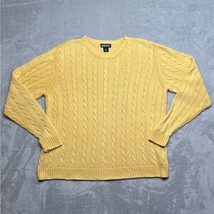 Lands End Cable Knit Sweater Mens Extra Large XL Yellow Cotton Crew Neck EUC